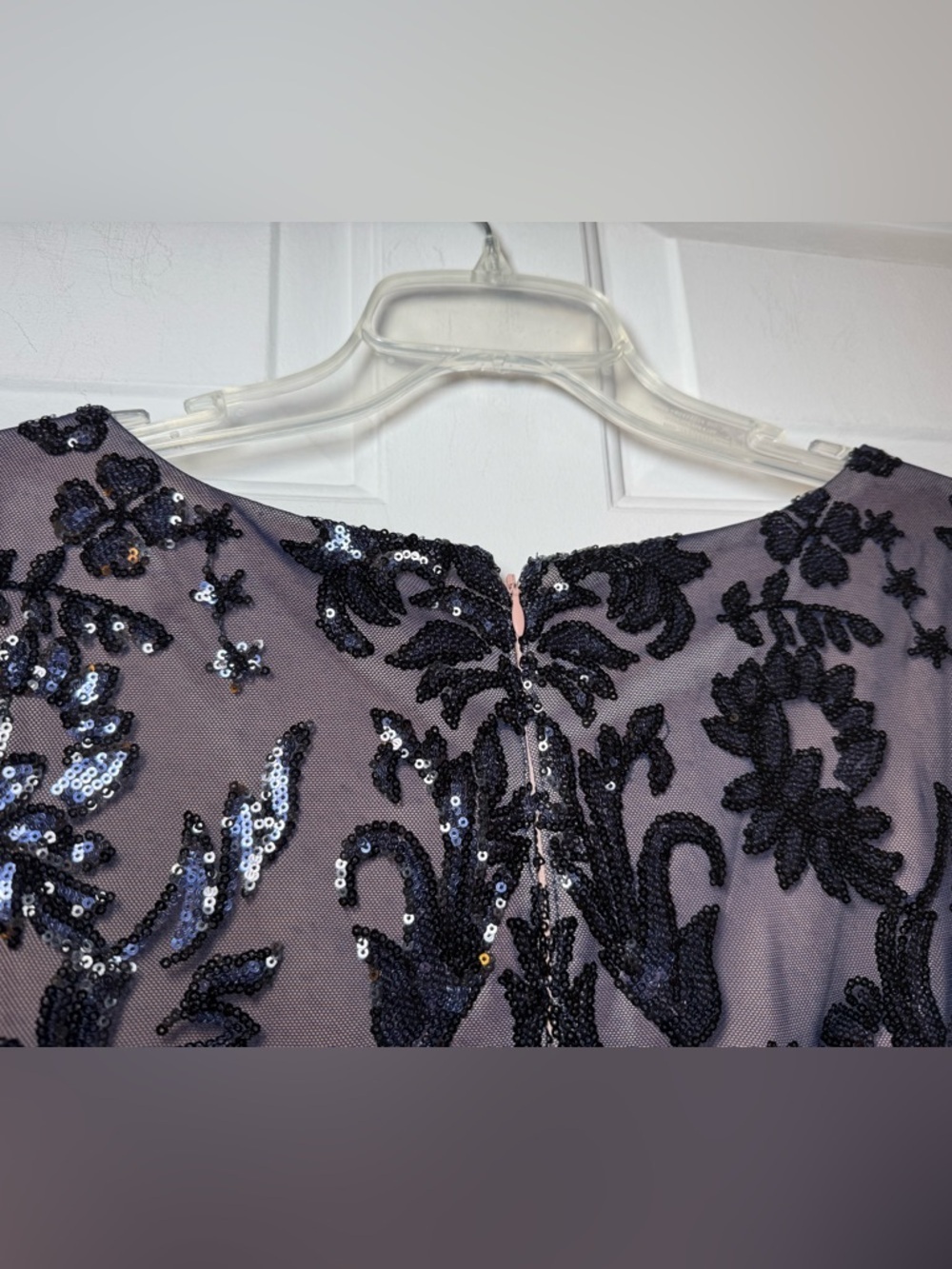 Papell Studios Navy Sequined V Neck Sheath Dress Sz 18 Plus Floral Beige Lined - Picture 9 of 10